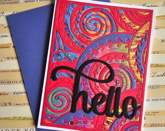 Hello - Handmade Greeting Card with red swirl pattern, blank inside by BPW