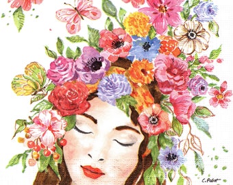 2 (Two) Paper Lunch Napkins for Decoupage/Mixed Media - Dreaming woman with flowers on head