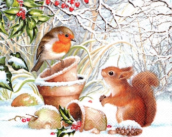 2 (Two) Paper Lunch Napkins for Decoupage/Mixed Media F - Winter Picture squirrel and bird