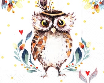 2 (Two) Paper Lunch Napkins for Decoupage/Mixed Media - Flower Owl bird
