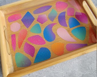 Colorful Shapes Tiny Rectangular Tray with Glitter - Wood and Resin - Handmade by BPW