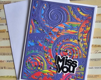 Miss You - Handmade Greeting Card swirly rainbow design Notecard, blank inside by BPW