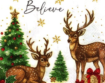 2 (Two) Paper Beverage/Cocktail Napkins for Decoupage/Mixed Media - Reindeer with Trees believe