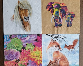 Lot of 4 Paper Lunch Napkins for Decoupage/Mixed Media - Animals (200)