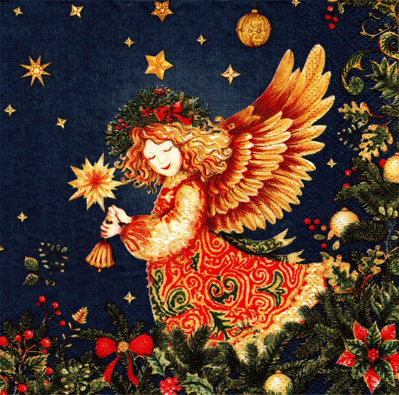 May include: A Christmas-themed illustration of an angel with golden wings and curly blonde hair, wearing a red and gold patterned dress. The angel holds a star and bell, surrounded by stars, ornaments, and greenery on a dark blue background.