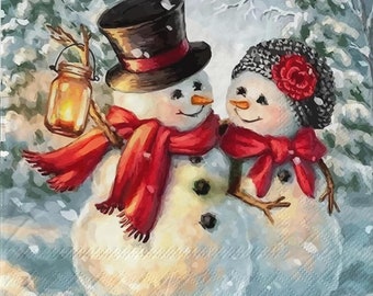 2 (Two) Paper Lunch Napkins for Decoupage/Mixed Media - Snowman Couple at night