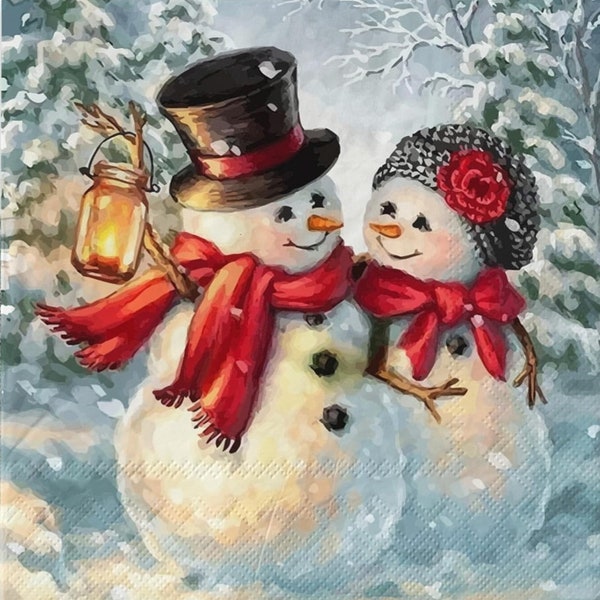 2 (Two) Paper Lunch Napkins for Decoupage/Mixed Media - Snowman Couple at night