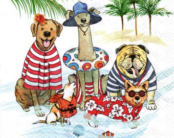 2 (Two) Paper Beverage/Cocktail Napkins for Decoupage/Mixed Media - Dogs at the Beach
