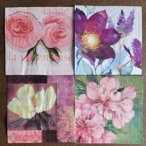 Lot of 4 Paper Lunch Napkins for Decoupage/Mixed Media - Pink and Purple Flowers (251)