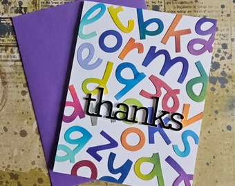 Teacher Thank-you - Handmade Greeting Card, alphabet letters in rainbow colors, blank inside by BPW
