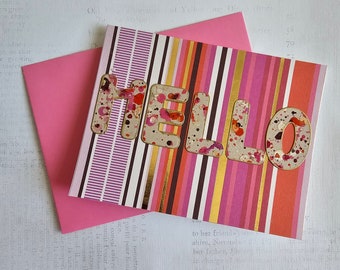 Hello - Handmade Greeting Card stripes and bold letters Notecard by BPW