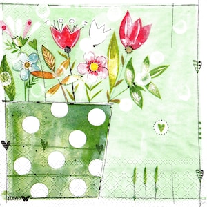 May include: A whimsical illustration of a floral arrangement in a green polka-dotted vase. The flowers are a mix of red, pink, and white, with green leaves and stems. The background is a light green with decorative elements.
