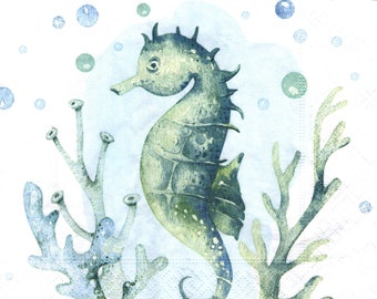 2 (Two) Paper Lunch Napkins for Decoupage/Mixed Media - Seahorse Under Water ocean sea