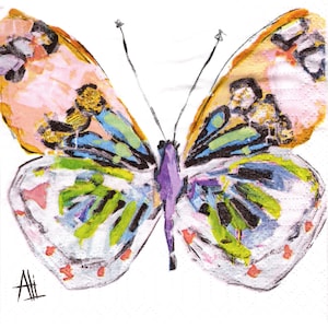 May include: A colorful butterfly illustration with a white background. The butterfly features pink, orange, blue, green, and gold accents. The wings have a watercolor effect, and the body is purple. The artist's signature is in the lower left corner.