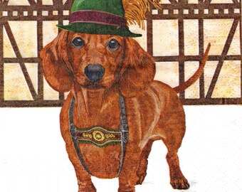 2 (Two) Paper Beverage/Cocktail Napkins for Decoupage/Mixed Media - Schnitzel the Dog in Hat