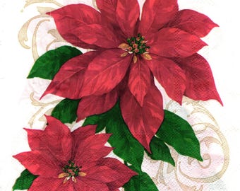 2 (Two) Paper Lunch Napkins for Decoupage/Mixed Media - Poinsettias red