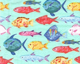 2 (Two) Paper Beverage/Cocktail Napkins for Decoupage/Mixed Media F - Riviera Sealife Fish