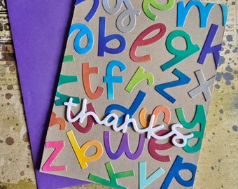 Teacher Thank-you - Handmade Greeting Card, alphabet letters in rainbow colors on kraft, blank inside by BPW