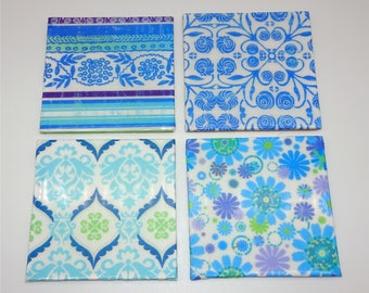 Blue COASTERS Handcrafted Decoupage with Resin Finish, 4 patterns in set