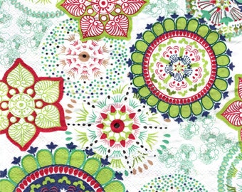 2 (Two) Paper Lunch Napkins for Decoupage/Mixed Media - Green and Red pattern snowflakes kaleidoscope