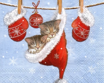 2 (Two) Paper Lunch Napkins for Decoupage/Mixed Media - Just Sleepy kittens cat in santa hat