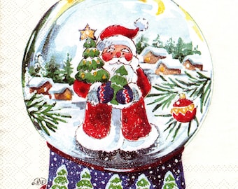 2 (Two) Paper Beverage/Cocktail Napkins for Decoupage/Mixed Media - Santa in Snow Globe