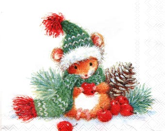 2 (Two) Paper Beverage/Cocktail Napkins for Decoupage/Mixed Media - Barney the Christmas Mouse