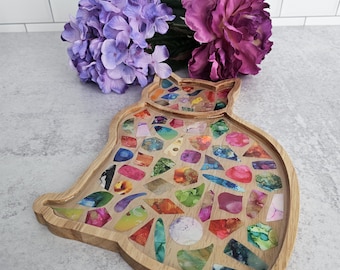 Cat Tray with Colorful Shapes™, wood and resin vanity - HANDMADE by BPWaters