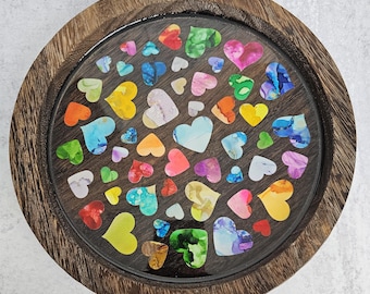 Rustic Round Tray with Colorful hearts, Wood & Resin Tray by BPWaters