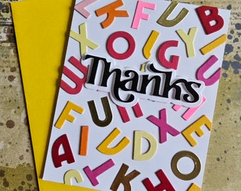 Teacher Thank-you - Handmade Greeting Card, pink, red and yellow alphabet letters, blank inside by BPW