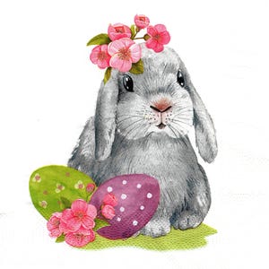 May include: A watercolor illustration of a gray bunny wearing a pink flower crown. Two decorated Easter eggs, one green with yellow dots and one purple with white dots, sit near the bunny. Pink flowers and green leaves are also present.