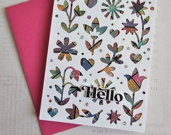 Hello - Handmade Greeting Card with inset floral pattern Notecard, blank inside by BPW
