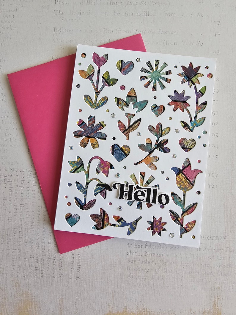 Hello - Handmade Greeting Card With Inset Floral Pattern Notecard ...