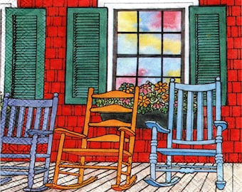 2 (Two) Paper Beverage/Cocktail Napkins for Decoupage/Mixed Media - Porch Rocking Chairs