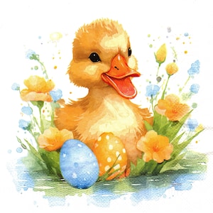 May include: A watercolor illustration of a fluffy yellow duckling with an orange beak, positioned among green grass, orange flowers, and small blue blossoms. Two decorated Easter eggs, one blue with white spots and one orange with white spots, sit in front.