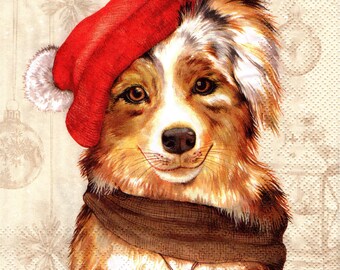 2 (Two) Paper Lunch Napkins for Decoupage/Mixed Media - Jack the Dog with Santa hat