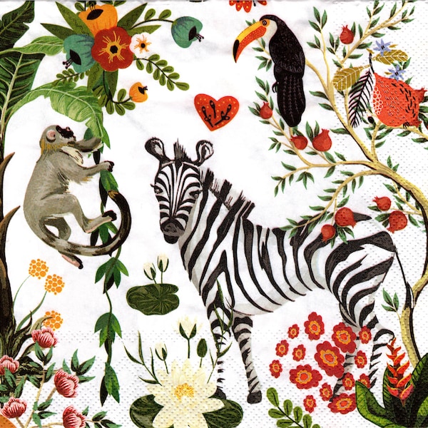 2 (Two) Paper Lunch Napkins for Decoupage/Mixed Media - Wild Animals Zebra Monkey Toucan