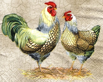 2 (Two) Paper Lunch Napkins for Decoupage/Mixed Media F - Easter Couple chicken and rooster