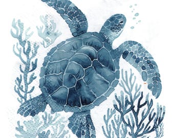2 (Two) Paper Beverage/Cocktail Napkins for Decoupage/Mixed Media - Blue Sea Turtle