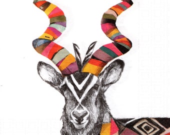 2 (Two) Paper Lunch Napkins for Decoupage/Mixed Media -  Regalia Kudu farm goat colorful