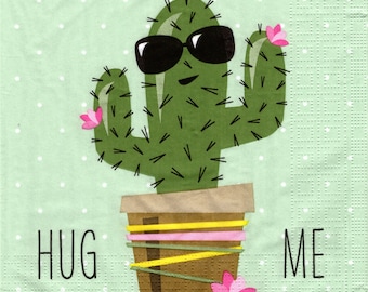 2 (Two) Paper Lunch Napkins for Decoupage/Mixed Media - Hug Me Cactus plant