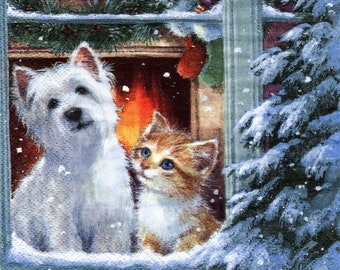 2 (Two) Paper Lunch Napkins for Decoupage/Mixed Media - Westie and Kitty dog kitten cat in window winter