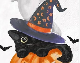 2 (Two) Paper Guest/Buffet Napkins for Decoupage/Mixed Media - Ghost Pumpkin and Black Cat halloween