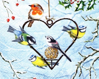 2 (Two) Paper Lunch Napkins for Decoupage/Mixed Media - Heart Shaped Bird Feeder