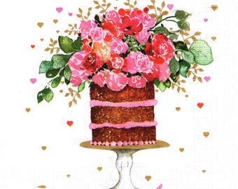 2 (Two) Paper Lunch Napkins for Decoupage/Mixed Media - Cake and Flowers