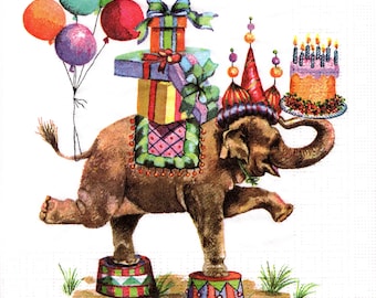 2 (Two) Paper Lunch Napkins for Decoupage/Mixed Media - Jumbo Birthday elephant with balloons