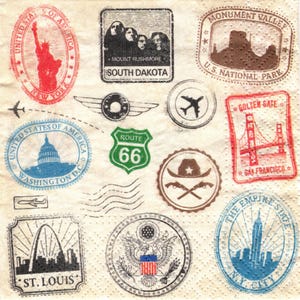 May include: A collection of vintage-style travel stamps on a cream-colored background. Stamps include the Statue of Liberty, Mount Rushmore, Route 66, the Golden Gate Bridge, and the Empire State Building. The stamps are in various colors, including red, blue, and brown.