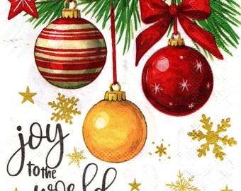 2 (Two) Paper Beverage/Cocktail Napkins for Decoupage/Mixed Media - Joy to the World tree with ornaments