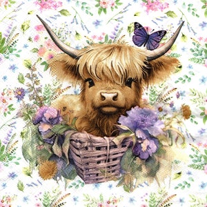 May include: A whimsical illustration of a Highland cow with long horns, nestled in a woven basket surrounded by purple peonies and other flowers. A purple butterfly rests on the cow's head, all set against a floral background.