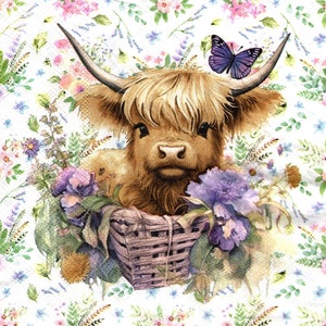 2 (Two) Paper Lunch Napkins for Decoupage/Mixed Media - Highland Calf in Bucket cow